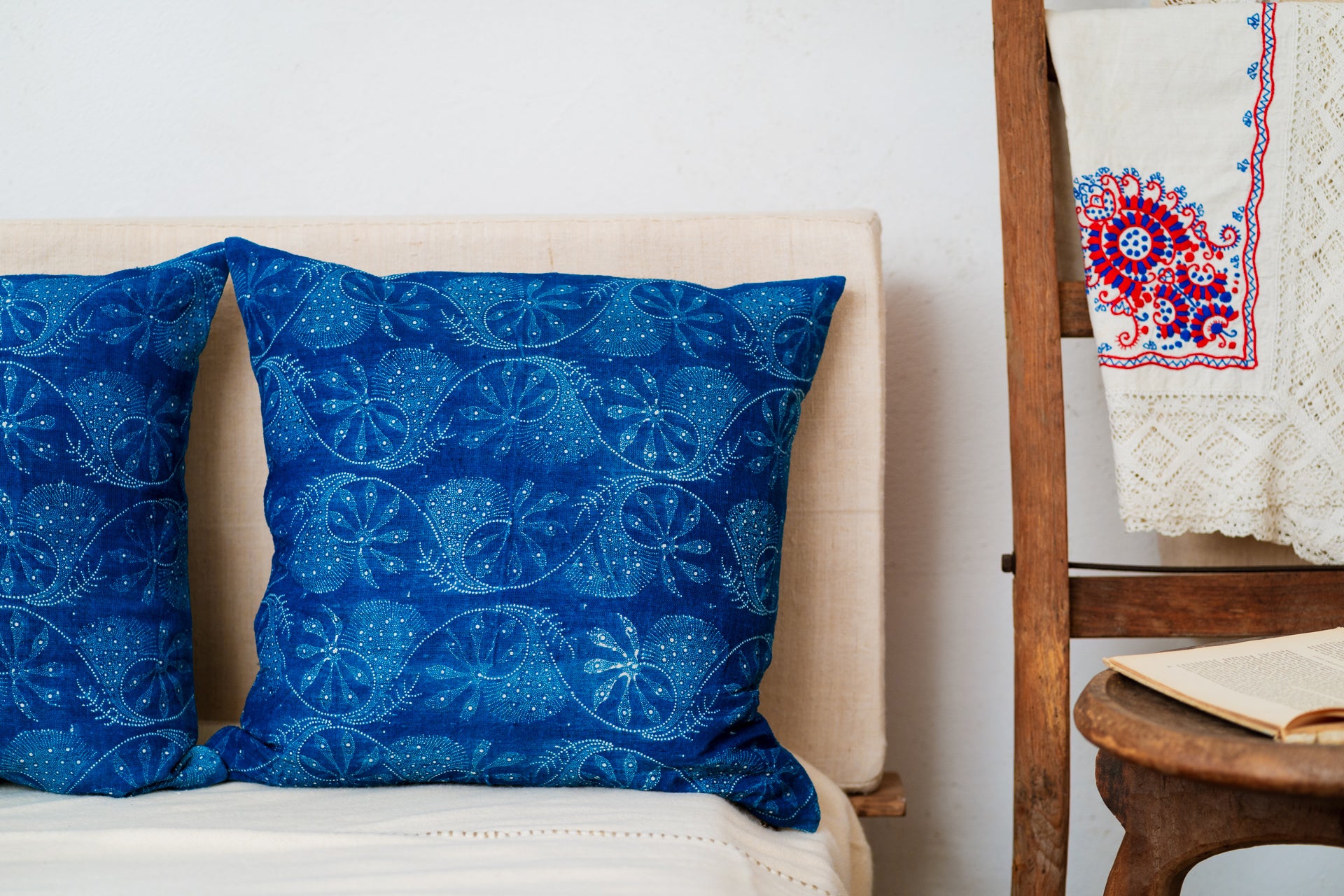 Pillow: Handwoven antique Hungarian hemp, wax resist Indigo - P497