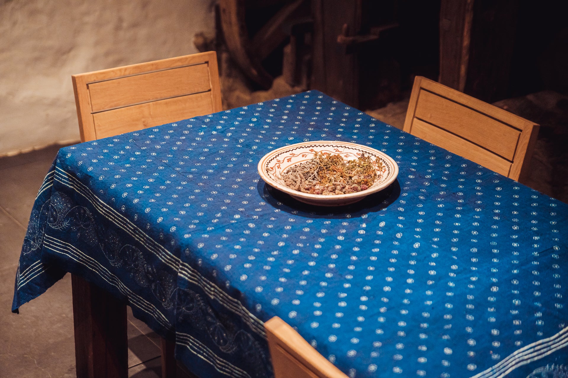 Table Cloth: Antique handwoven Hungarian hemp wax resist indigo - TW138