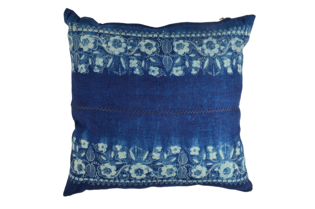Pillow: Handwoven antique Hungarian hemp, wax resist Indigo - P496