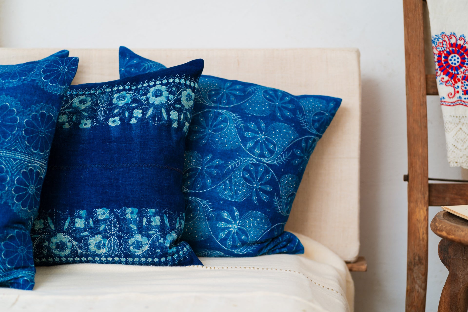 Pillow: Handwoven antique Hungarian hemp, wax resist Indigo - P495