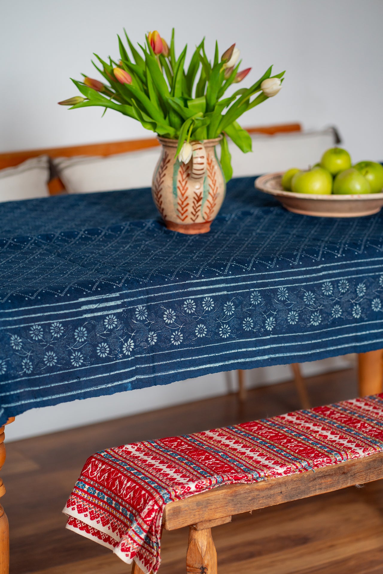 Table Cloth: Antique handwoven Hungarian hemp wax resist indigo - TW149