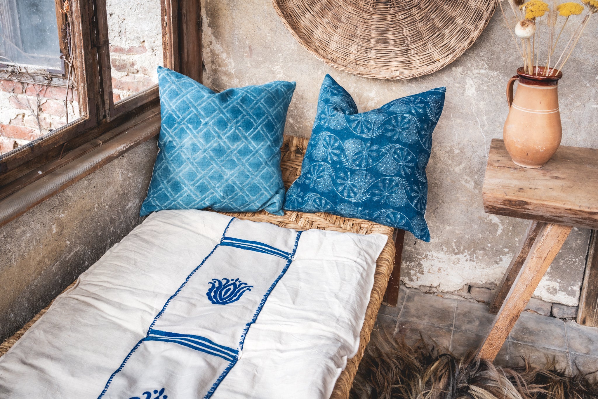 Pillow: Handwoven antique Hungarian hemp, wax resist Indigo - P406